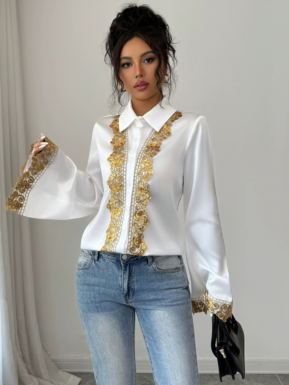Zara Satin Lace Bell Sleeve Blouse Spring Summer